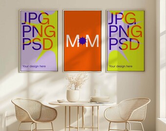 Mockup met drie frames verticaal frame mockup set van 3 posterframe mockup gouden metalen frame mockup interieur
