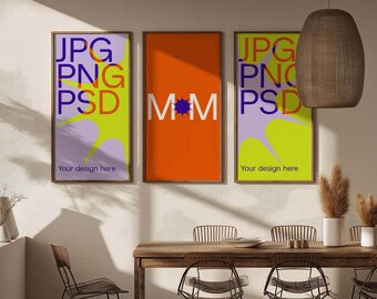 Three frames mockup vertical frame mockup set of 3 poster frame mockup wood frame mockup interior