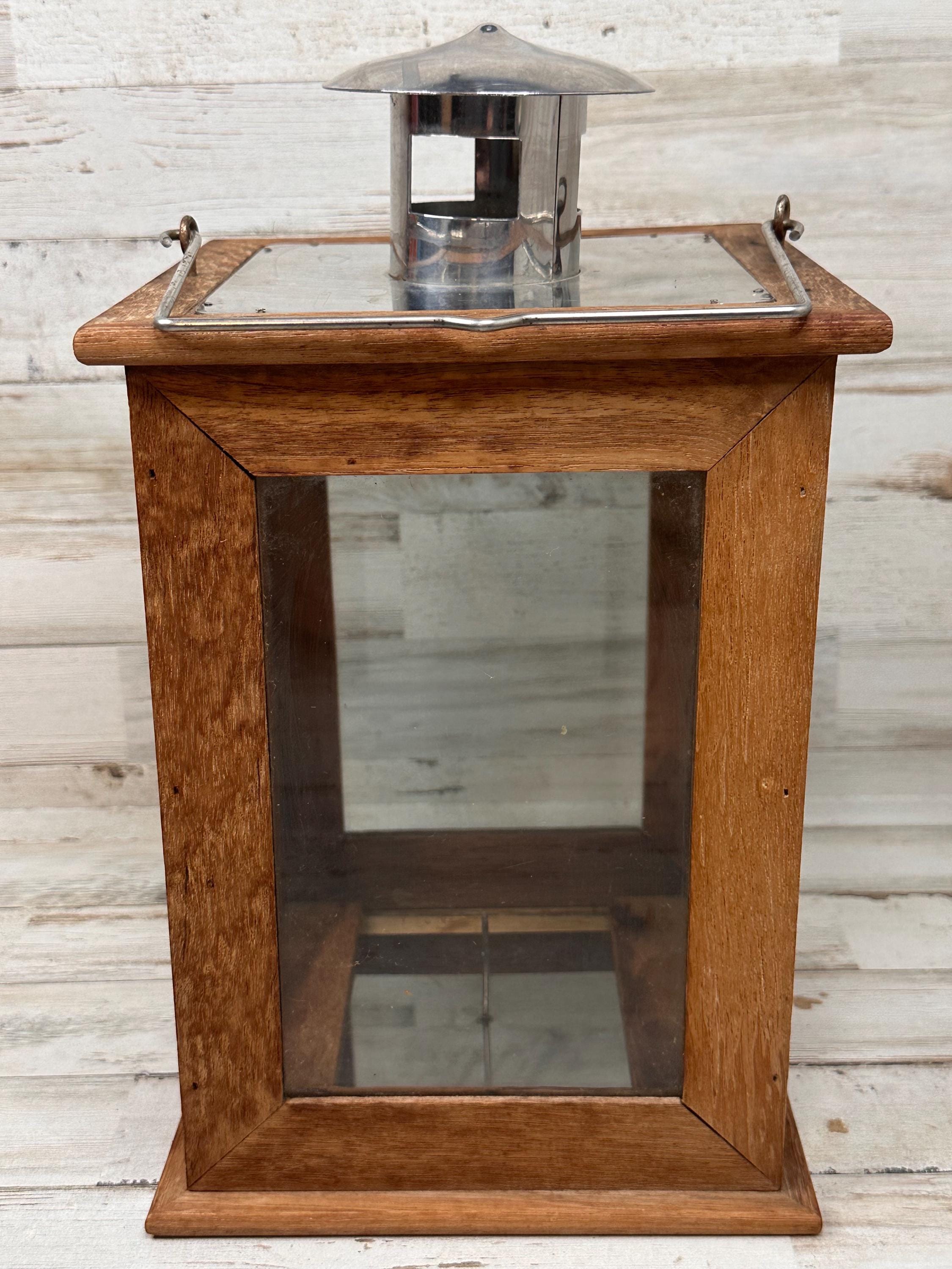 Vintage Wooden Hand Held Candle Lantern Glass Distressed Patina Rustic Decor Farmhouse Cottage Nautical 13" X 8" x 8" Display Warm Flower
