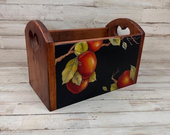 Wooden Peach Inspired Box / Fruit / Vegetable Storage Heart Handles Bin Holder Rustic Farmhouse Cottage Cottagecore 13 x 9 x 7 1990s Style