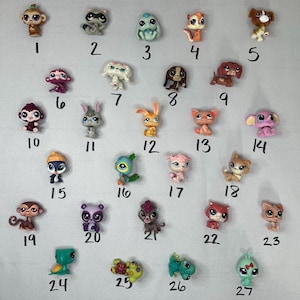 May include: A collection of 27 colorful plastic toy pets, including a monkey, cat, dog, rabbit, turtle, and more. The toys are numbered 1 through 27.