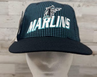 Gorra deportiva ajustable a cuadros con el logotipo de los Florida Marlins, vintage, nueva con etiqueta. Stock de saldo.