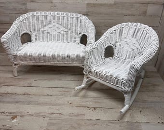 Large Set of 2 Doll Rattan Wicker Furniture Rocking Chair Love Set Outdoor Patio Style White Barbie American Doll Dollhouse