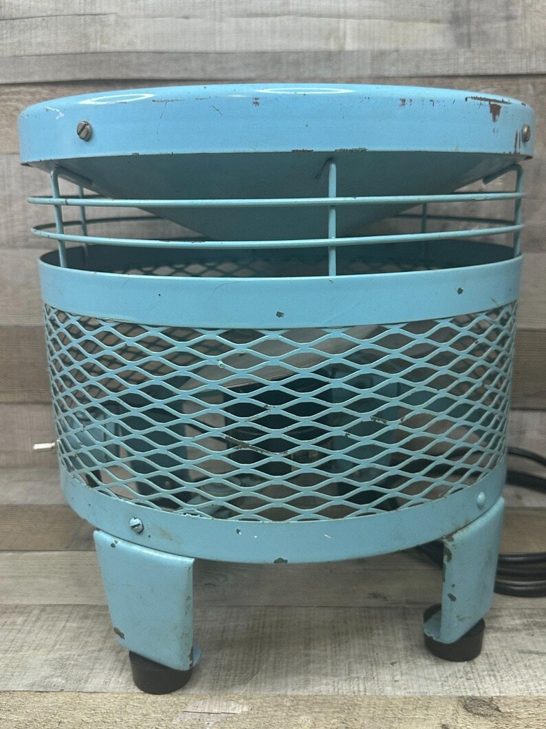 Taburete eléctrico vintage con ventilador de pie Emerson color turquesa, estilo art déco de los años 50, de metal. imagen 8