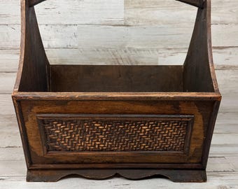 Wooden Carrying Basket Holding Bin Fruit Handle Woven Accents Rustic Handmade Carved Handle Farmhouse Decor Distressed Aged 13 x 12 x 10&quot;Got
