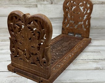 Wood Fold-able Book Adjustable Sliding Adjustable Hand Carved Wooden Floral Leave Shabby Chic Country Rustic Tabletop Floral 13 x 7 x 6&quot;