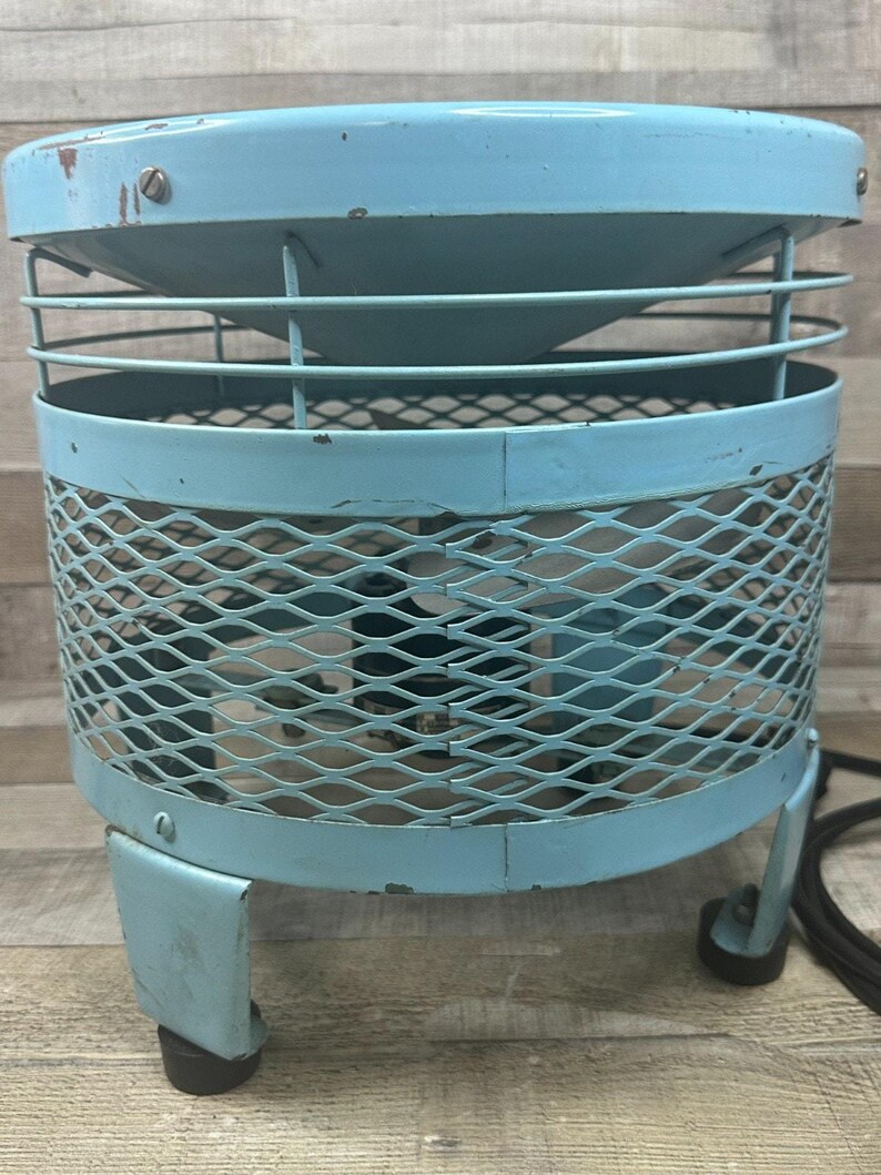 Taburete eléctrico vintage con ventilador de pie Emerson color turquesa, estilo art déco de los años 50, de metal. imagen 9