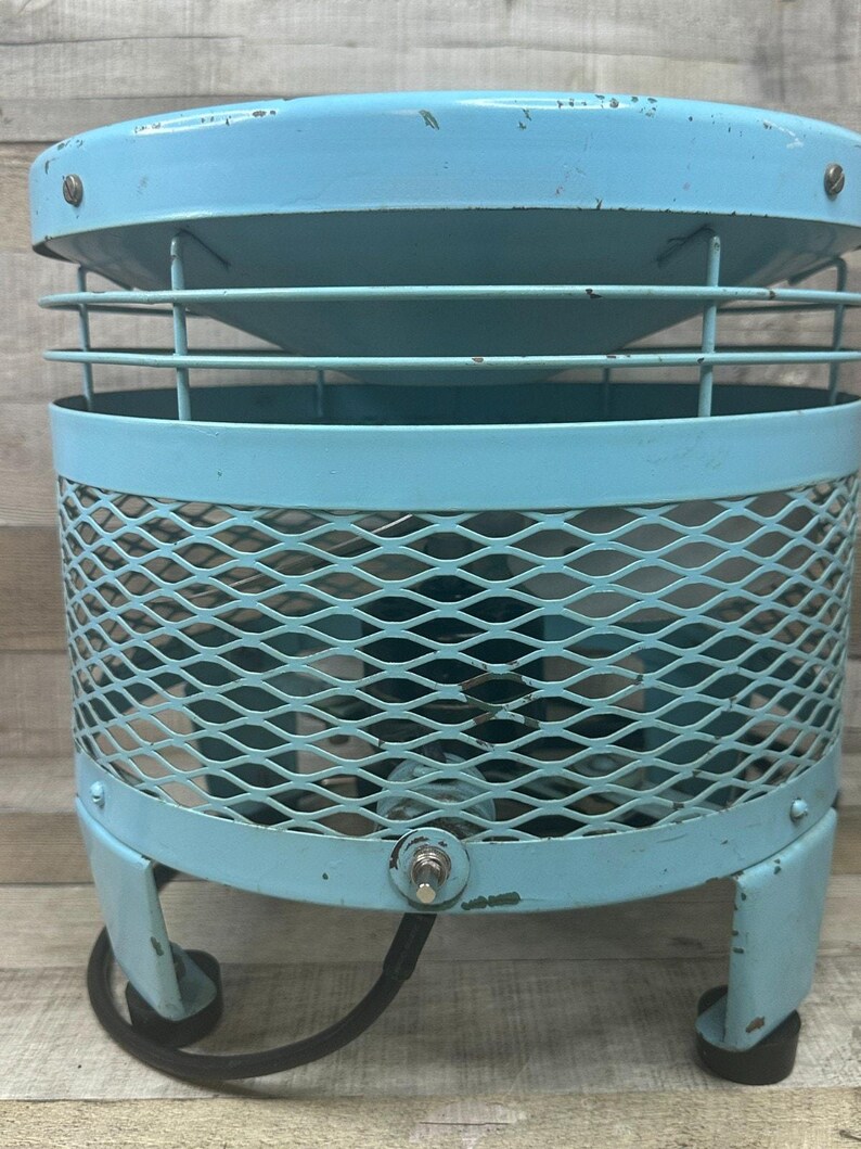 Taburete eléctrico vintage con ventilador de pie Emerson color turquesa, estilo art déco de los años 50, de metal. imagen 7