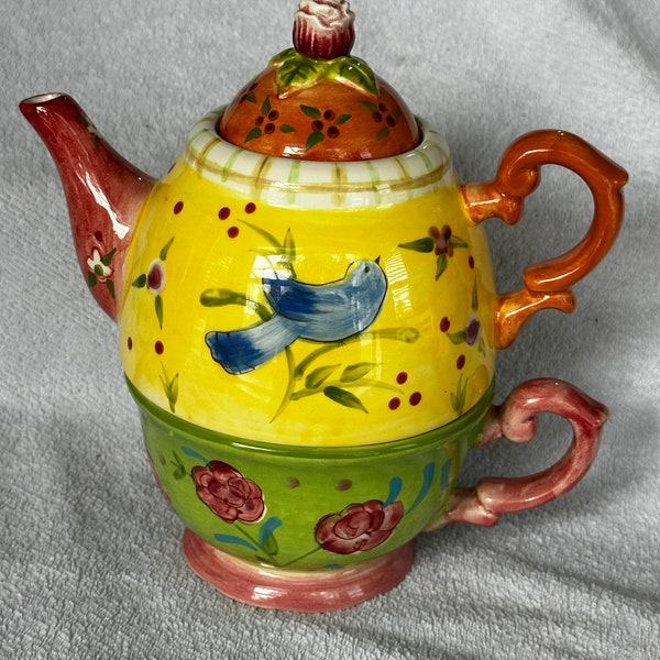 Tea For One by Sue Zipkin Colorful Tea Pot and Saucer