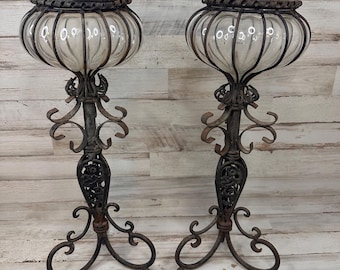 Set of 2 Caged Blown Glass Wrought Iron Standing Candle Pedestal Vase Hand Forged Centerpiece Gothic Rustic Distressed Patina 17 Inches Tall