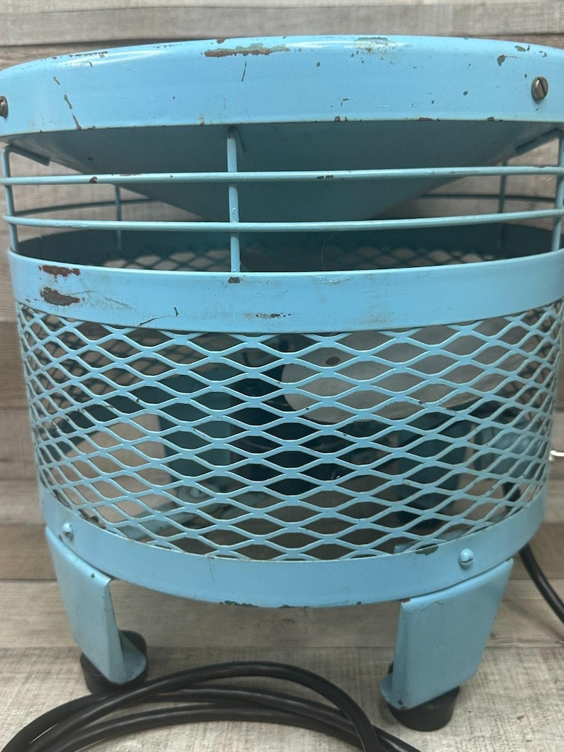 Taburete eléctrico vintage con ventilador de pie Emerson color turquesa, estilo art déco de los años 50, de metal. imagen 11