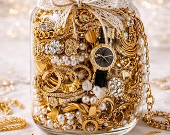 May include: A clear glass jar overflowing with gold jewelry, including necklaces, bracelets, rings, and earrings. A black-faced watch with a gold bezel is nestled among the pieces. The jar is tied with a white lace ribbon. Some jewelry is scattered around the jar.