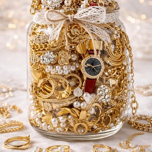 May include: A clear glass jar filled with assorted gold-toned jewelry, including chains, pearl strands, and rings. A wristwatch with a dark face and maroon strap is visible inside. The jar is tied with a white lace ribbon around the neck.