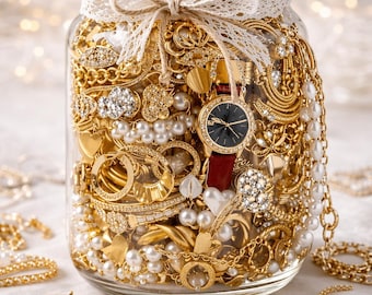 May include: A clear glass jar filled with an assortment of gold-toned jewellery, including chains, pearl strands, and a wristwatch with a dark face and red strap. The jar is tied with a white lace ribbon around the neck, with loose rings and chains nearby.