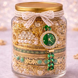 Può includere: Un barattolo di vetro pieno di gioielli d'oro, tra cui collane, bracciali e un orologio con quadrante verde. Il barattolo è sormontato da un coperchio dorato e un fiocco di pizzo. I gioielli includono perle e pietre preziose.