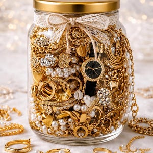 Peut inclure: Un bocal en verre transparent avec un couvercle doré et un ruban en dentelle blanche noué autour du col, rempli d'un assortiment de bijoux dorés, incluant des chaînes, des bagues, des colliers de perles et une montre à cadran noir.