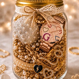 Peut inclure: Un bocal en verre transparent avec un couvercle doré et un nœud en dentelle, rempli de bijoux dorés dont une montre Guess au cadran à cœurs multicolores, des rangs de perles, des chaînes dorées, un pendentif cœur noir avec un éclair.