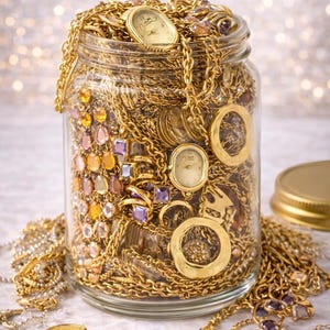 Peut inclure: Un bocal en verre transparent rempli d'une collection de bijoux dorés, comprenant plusieurs colliers à chaînes, deux montres-bracelets à cadran ovale et diverses bagues. Des bijoux ornés de pierres violettes et jaunes s'en échappent.