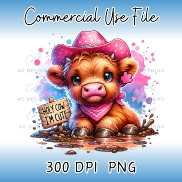 Holy cow I'm cute png, Adorable baby highland cow png, Highland cow in the mud png, Pink cowboy hat PNG, Instant sublimation download