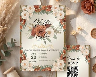 Boho Sage Green Wedding Invitation Template, Earthy Floral Design (Digital Download)