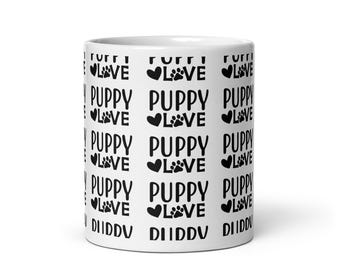 White & Black Puppy love glossy mug