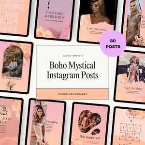 80 Editable Boho Mystical Instagram Post Template for Wellness Brand Pink Canva Template for Yoga Teachers, Spiritual Coaches, Tarot Readers