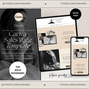 May include: A digital sales page template for an online course, featuring a black and white photo of a woman, the text "Canva Sales Page Template", and the text "The Instagram Growth Course". The template is designed to be mobile-friendly.