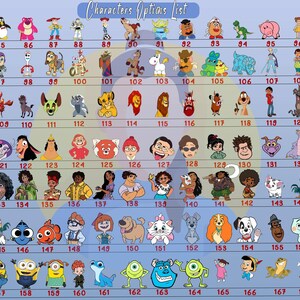 Puede incluir: Un gr&aacute;fico colorido con 168 cuadrados numerados, cada uno con un personaje de dibujos animados de pel&iacute;culas populares de Disney y Pixar. Los personajes est&aacute;n dispuestos en filas y columnas, con cada cuadrado etiquetado con un n&uacute;mero.