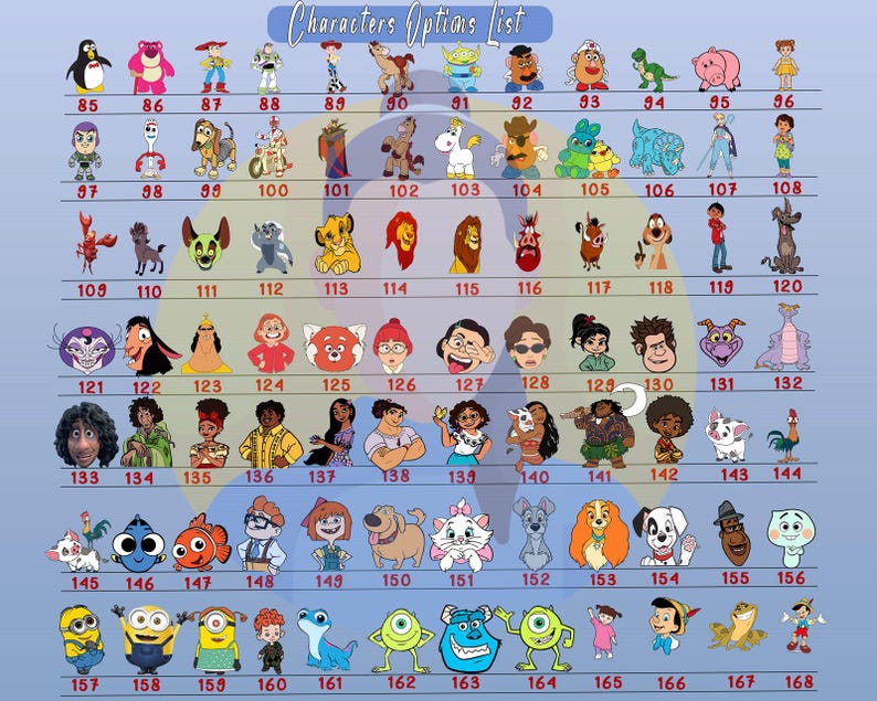 Puede incluir: Un gr&aacute;fico colorido con 168 cuadrados numerados, cada uno con un personaje de dibujos animados de pel&iacute;culas populares de Disney y Pixar. Los personajes est&aacute;n dispuestos en filas y columnas, con cada cuadrado etiquetado con un n&uacute;mero.