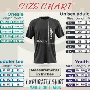 Puede incluir: Tabla de tallas para bodys, camisetas para ni&ntilde;os peque&ntilde;os, camisetas para j&oacute;venes y camisetas unisex para adultos. La tabla muestra las tallas, las longitudes y los anchos en pulgadas. La tabla tambi&eacute;n incluye rangos de peso para los bodys.