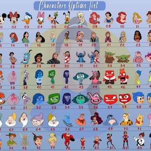 Puede incluir: Un gr&aacute;fico con 84 cuadrados numerados, cada uno con un personaje de dibujos animados diferente. Los personajes son de varias pel&iacute;culas de Disney y Pixar. El gr&aacute;fico est&aacute; sobre un fondo azul claro con el texto "Characters Options List" en la parte superior.