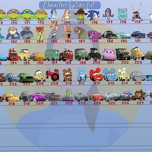 Puede incluir: Un gr&aacute;fico con cuadrados numerados que contienen im&aacute;genes de personajes de dibujos animados. Los personajes incluyen las Tortugas Ninja, Sonic the Hedgehog, personajes de Cars, y m&aacute;s.