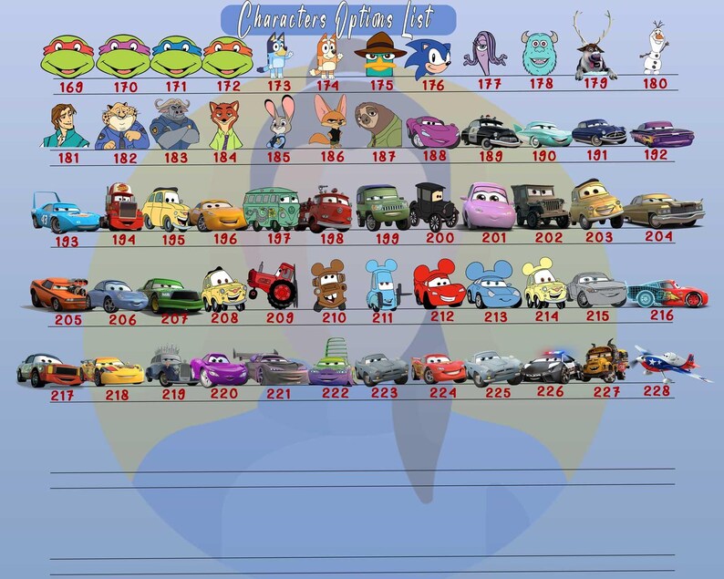 Puede incluir: Un gr&aacute;fico con cuadrados numerados que contienen im&aacute;genes de personajes de dibujos animados. Los personajes incluyen las Tortugas Ninja, Sonic the Hedgehog, personajes de Cars, y m&aacute;s.