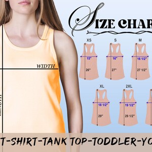 Puede incluir: Tabla de tallas para camisetas sin mangas en varios tama&ntilde;os desde XS hasta 3XL. La tabla muestra las medidas de ancho y largo en pulgadas para cada talla.