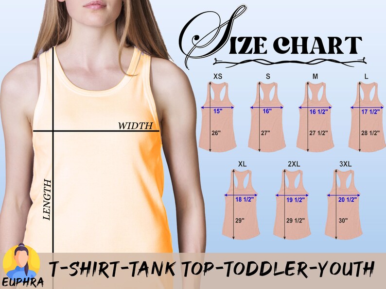 Puede incluir: Tabla de tallas para camisetas sin mangas en varios tama&ntilde;os desde XS hasta 3XL. La tabla muestra las medidas de ancho y largo en pulgadas para cada talla.