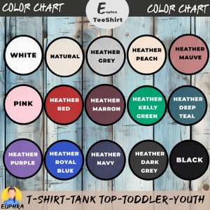 Puede incluir: Carta de colores para camisetas, tops sin mangas, tallas para ni&ntilde;os peque&ntilde;os y j&oacute;venes. Los colores incluyen blanco, natural, gris jaspeado, melocot&oacute;n jaspeado, malva jaspeado, rosa, rojo jaspeado, marr&oacute;n jaspeado, verde kelly jaspeado, azul teal jaspeado, morado jaspeado, azul real jaspeado, azul marino jaspeado, gris oscuro jaspeado y negro.
