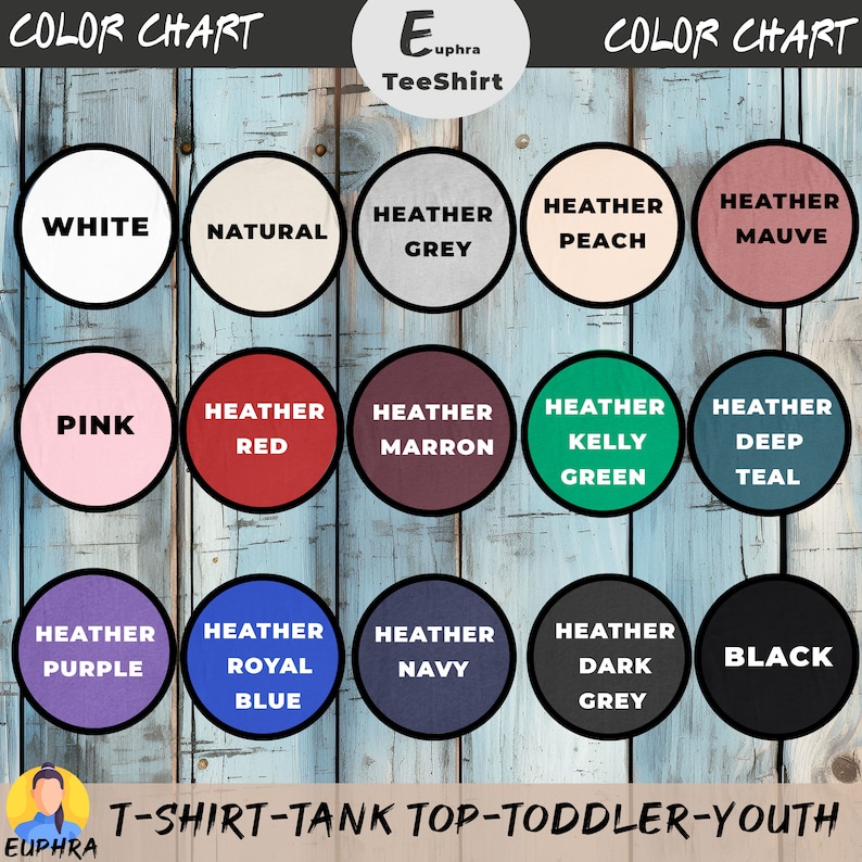 Puede incluir: Carta de colores para camisetas, tops sin mangas, tallas para ni&ntilde;os peque&ntilde;os y j&oacute;venes. Los colores incluyen blanco, natural, gris jaspeado, melocot&oacute;n jaspeado, malva jaspeado, rosa, rojo jaspeado, marr&oacute;n jaspeado, verde kelly jaspeado, azul teal jaspeado, morado jaspeado, azul real jaspeado, azul marino jaspeado, gris oscuro jaspeado y negro.