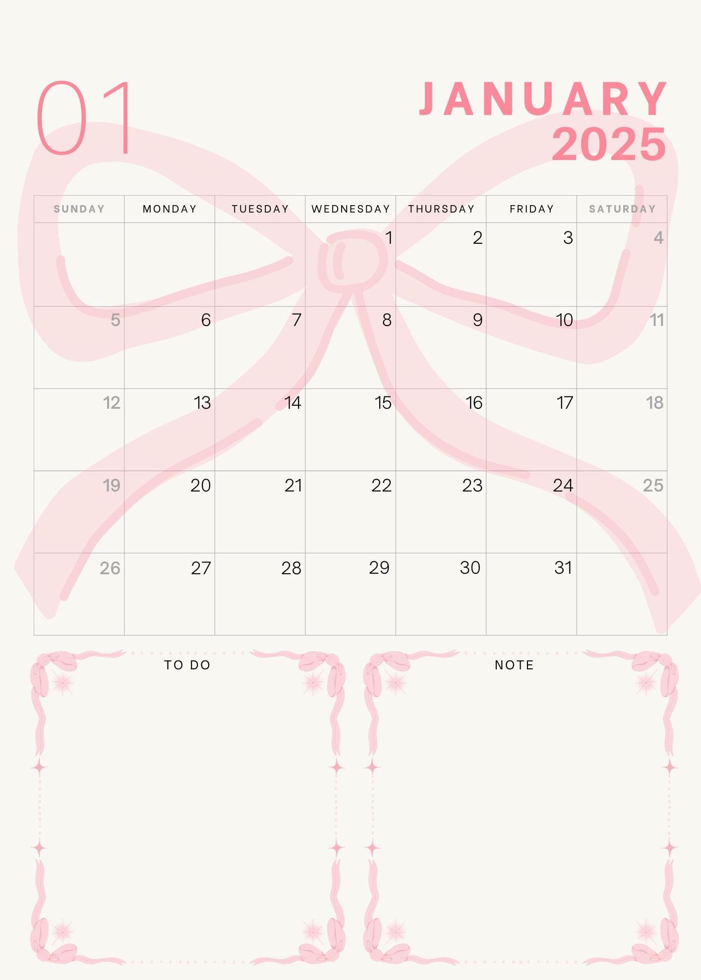 Printable Calendar 2025 Monthly Planner 2025 | Portrait | Sunday Start | Coquette Aesthetic| Pink Ribbon