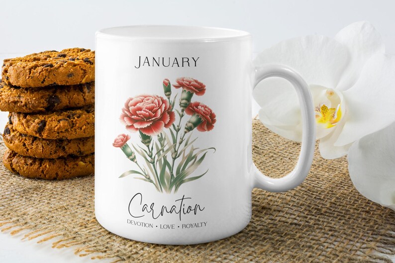 Birth Month Flower Mug January A Delightful 11oz Flower Coffee Mug, A