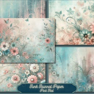 Shabby Pink Teal Junk Journal, vintage, armoedig, bloemen, rugpapier, afdrukbaar, digitale download