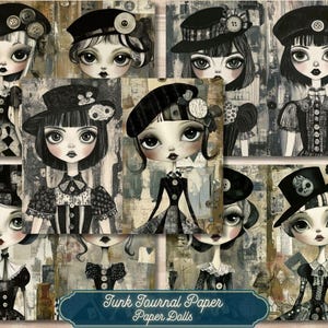 Paper Dolls Junk Journal, B&W, Black, Printable, Digital Download