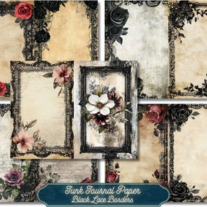 Diario basura con bordes de encaje negro, vintage, floral, collage, desgastado, imprimible, descarga digital