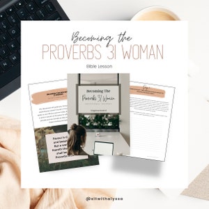 May include: A devotional journal titled "Becoming the Proverbs 31 Woman" with a brown and white cover. The journal is open to a page with the text "Favour is desirable and beauty is vain, but a woman who fears the Lord, she shall be praised."  The text is from Proverbs 31:30.