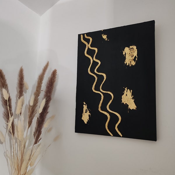 Tableau abstrait acrylique noir et or