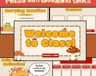 Mushroom Theme Slides Template for Teachers | Spring Classroom Slides | Editable Canva, Google Slides and PowerPoint Slides | Daily Slides