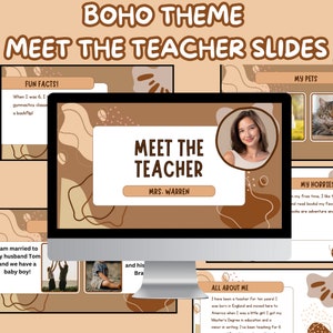 Può includere: Uno schermo di computer che mostra una presentazione di presentazione di un insegnante con un tema boho. La presentazione include diapositive con il nome dell'insegnante, curiosità, hobby e una foto dell'insegnante. Le diapositive hanno uno schema di colori marrone e rosa con forme astratte.