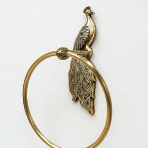 Antique Brass Peacock Towel Ring (6 in dia) Vintage Peacock Bathroom Hardware, Decorative Brass Towel Holder, Handcrafted Wall Mount Ring image 1