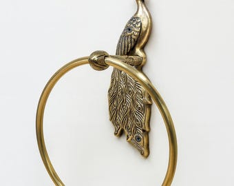 Antique Brass Peacock Towel Ring (6 in dia) Vintage Peacock Bathroom Hardware, Decorative Brass Towel Holder, Handcrafted Wall Mount Ring
