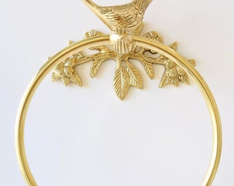 Handcrafted Solid Brass Bird Towel Ring, Polished Gold Finish, 6 inch Diameter
