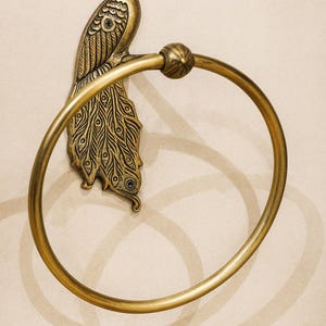 Antique Brass Peacock Towel Ring (6 in dia) Vintage Peacock Bathroom Hardware, Decorative Brass Towel Holder, Handcrafted Wall Mount Ring image 13